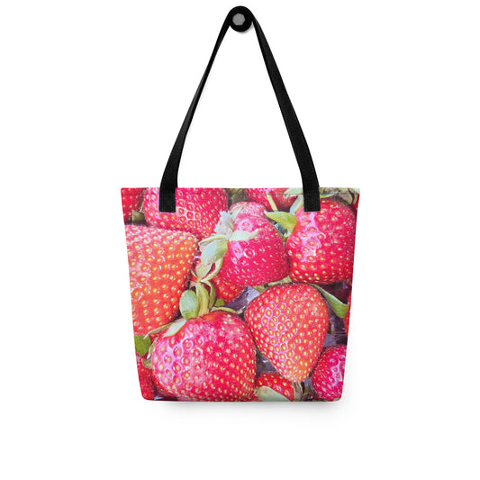 NUSH'S STORE strawberry print tote bag WIMBLEDON with vibrant red strawberries and black handles
