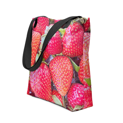 Strawberry print tote bag WIMBLEDON with black straps featuring vibrant red strawberries design