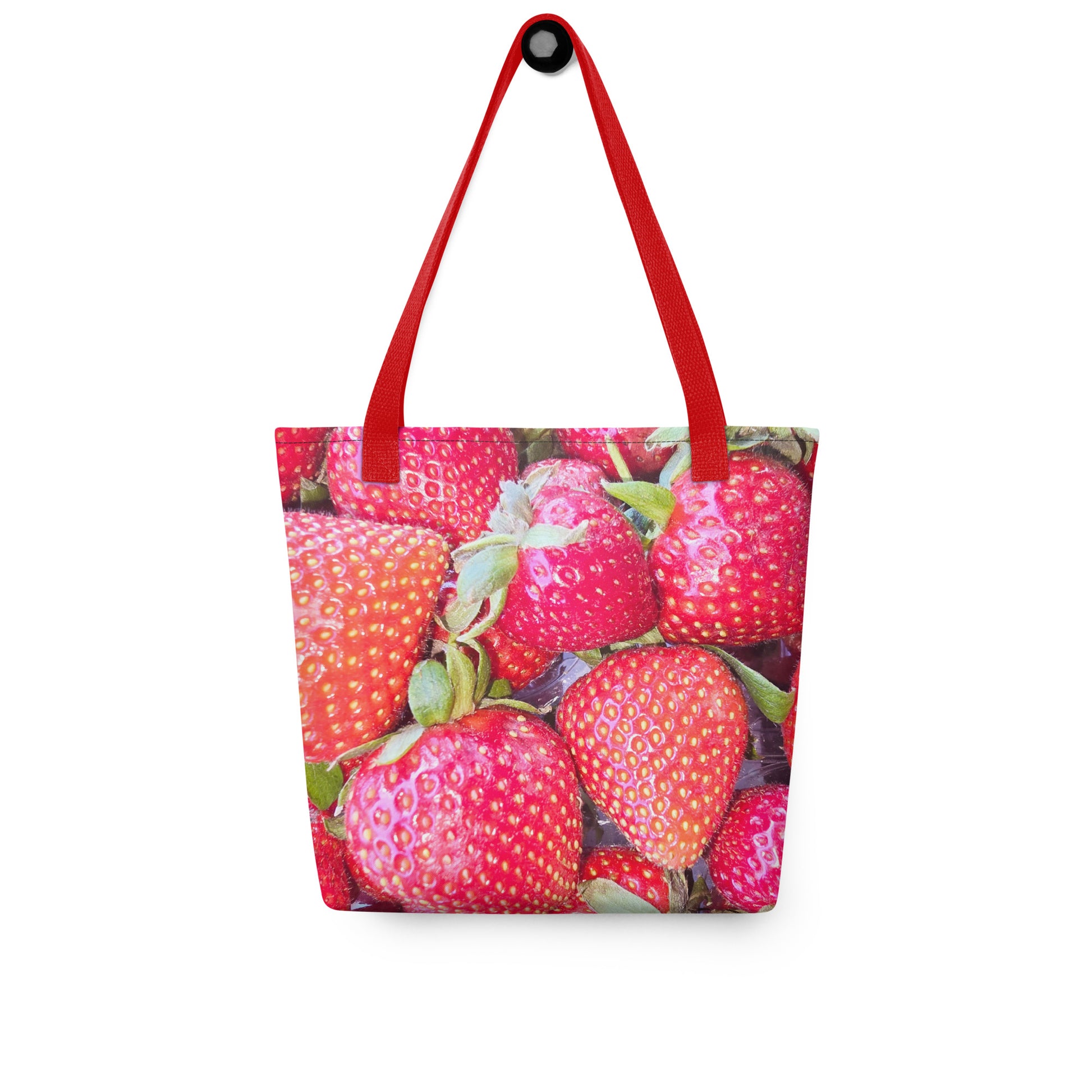Strawberry print tote bag WIMBLEDON with vibrant red strawberries and red handles from NUSH'S STORE