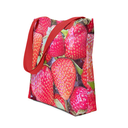 Strawberry print tote bag WIMBLEDON with red handles featuring vibrant strawberry design
