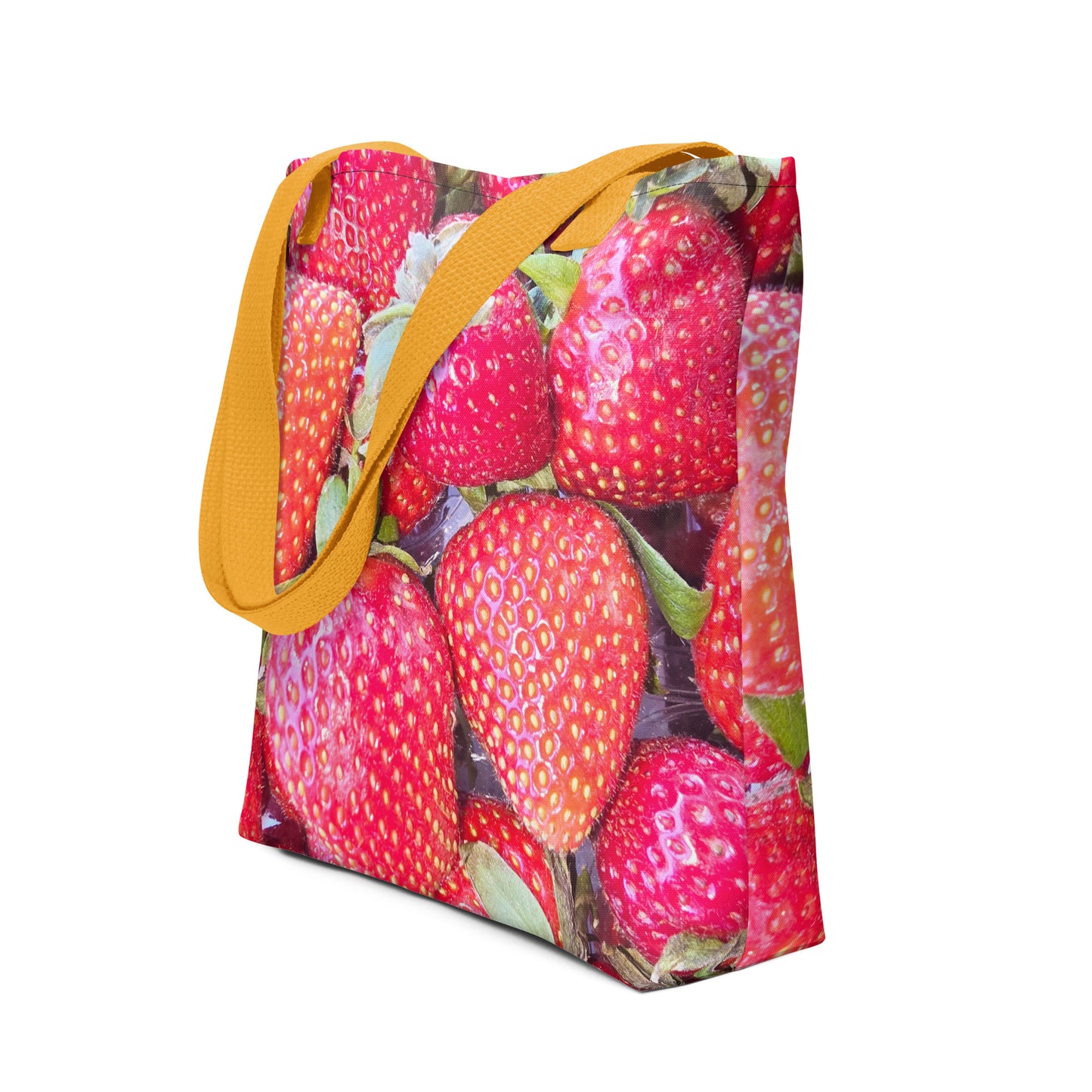 Strawberry print tote bag WIMBLEDON with bright red strawberries and yellow straps from NUSH'S STORE